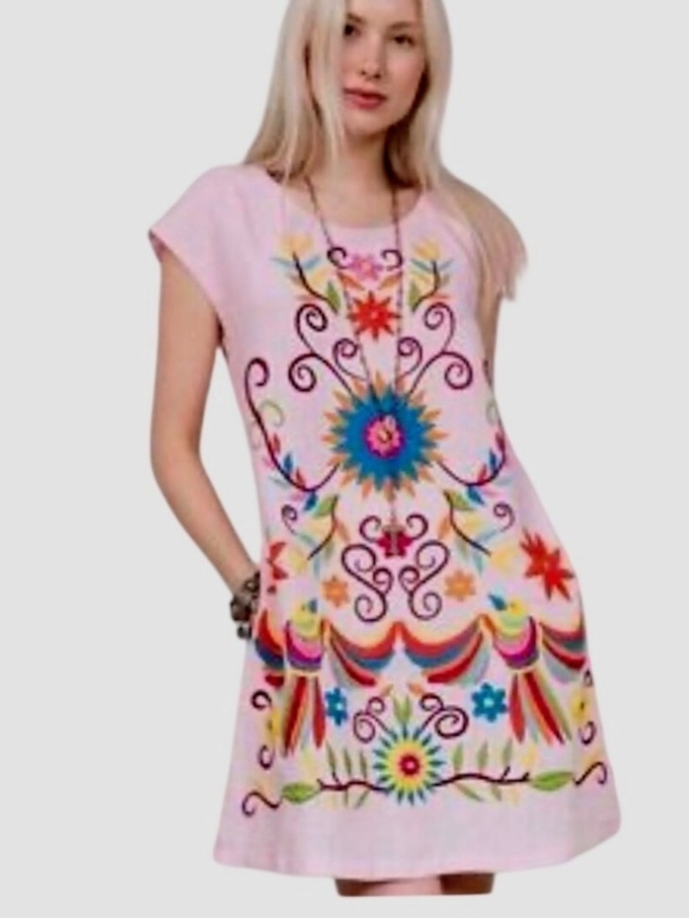 Sister Mary Embroidered Pink Floral Tunic Linen Dress Sz Small